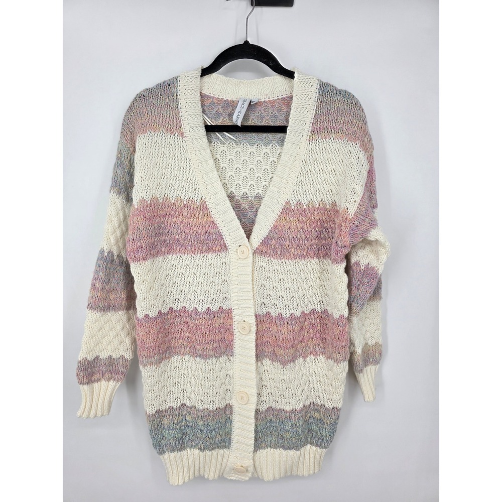 Grace + Karma Chunky Knit Cardigan Sweater Pastel Stripe Open Front Womens XS S‎